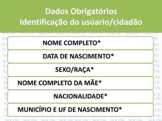 Dados Obrigatórios
Identificação do usúario/cidadão
NOME COMPLETO*
DATA DE NASCIMENTO*
SEXO/RAÇA*
NOME COMPLETO DA MÃE*
NACIONALIDADE*
MUNICÍPIO E UF DE NASCIMENTO*
 