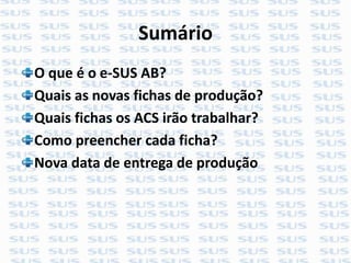 Sumário
O que é o e-SUS AB?
Quais as novas fichas de produção?
Quais fichas os ACS irão trabalhar?
Como preencher cada ficha?
Nova data de entrega de produção
 