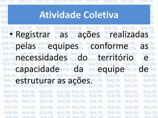 Atividade Coletiva
• Registrar as ações realizadas
pelas equipes conforme as
necessidades do território e
capacidade da equipe de
estruturar as ações.
 