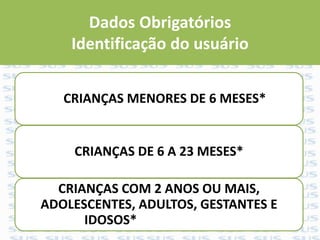 Dados Obrigatórios
Identificação do usuário
CRIANÇAS MENORES DE 6 MESES*
CRIANÇAS DE 6 A 23 MESES*
CRIANÇAS COM 2 ANOS OU MAIS,
ADOLESCENTES, ADULTOS, GESTANTES E
IDOSOS*
 