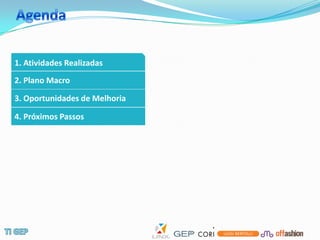 1. Atividades Realizadas
2. Plano Macro

3. Oportunidades de Melhoria

4. Próximos Passos
 
