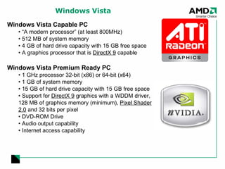 Windows Vista Windows Vista Capable PC “ A modern processor” (at least 800MHz)  512 MB of system memory  4 GB of hard drive capacity with 15 GB free space A graphics processor that is  DirectX 9  capable Windows Vista Premium Ready PC 1 GHz processor 32-bit (x86) or 64-bit (x64)  1 GB of system memory 15 GB of hard drive capacity with 15 GB free space  Support for  DirectX 9  graphics with a WDDM driver, 128 MB of graphics memory (minimum),  Pixel Shader 2.0  and 32 bits per pixel  DVD-ROM Drive  Audio output capability Internet access capability 