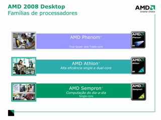 AMD 2008 Desktop  Famílias de processadores AMD Athlon ™ Alta eficiência single e dual-core AMD Sempron ™ Computação do dia-a-dia Single-core AMD Phenom ™ True Quad- and Triple-core 