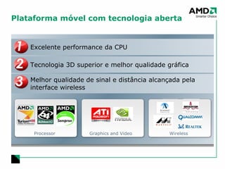 Plataforma móvel com tecnologia aberta Processor Wireless Excelente performance da CPU Tecnologia 3D superior e melhor qualidade gráfica Melhor qualidade de sinal e distância alcançada pela interface wireless Graphics and Video 