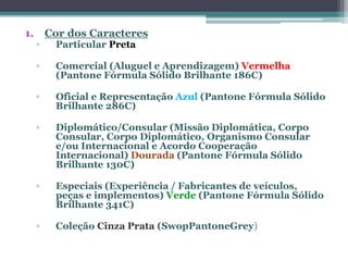 1. Cor dos Caracteres
▫ Particular Preta
▫ Comercial (Aluguel e Aprendizagem) Vermelha
(Pantone Fórmula Sólido Brilhante 186C)
▫ Oficial e Representação Azul (Pantone Fórmula Sólido
Brilhante 286C)
▫ Diplomático/Consular (Missão Diplomática, Corpo
Consular, Corpo Diplomático, Organismo Consular
e/ou Internacional e Acordo Cooperação
Internacional) Dourada (Pantone Fórmula Sólido
Brilhante 130C)
▫ Especiais (Experiência / Fabricantes de veículos,
peças e implementos) Verde (Pantone Fórmula Sólido
Brilhante 341C)
▫ Coleção Cinza Prata (SwopPantoneGrey)
 