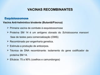  Primeira vacina de combate à esquistossomose
 Proteína SM 14 é um antígeno clonado do Schistossoma mansoni
:fase de testes para comercialização (OMS)
 Recombinado por engenharia genetica.
 Estimula a produção de anticorpos.
 Técnica de DNA recombinante: isolamento do gene codificador da
proteína SM 14.
 Eficácia: 75 a 90% (coelhos e camundongos)
Vacina Anti-helmíntico bivalente (Butantã/Fiocruz)
EsquistossomoseEsquistossomose
VACINAS RECOMBINANTESVACINAS RECOMBINANTES
 