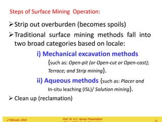 Strip out overburden (becomes spoils)
Traditional surface mining methods fall into
two broad categories based on locale:
i) Mechanical excavation methods
{such as: Open-pit (or Open-cut or Open-cast);
Terrace; and Strip mining}.
ii) Aqueous methods {such as: Placer and
In-situ leaching (ISL)/ Solution mining}.
 Clean up (reclamation)
Steps of Surface Mining Operation:
2 February 2016 Prof. Dr. H.Z. Harraz Presentation
11
 