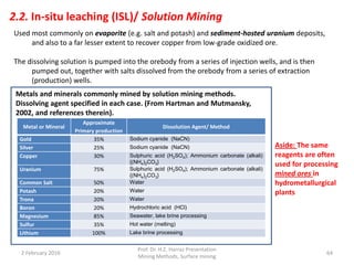 Used most commonly on evaporite (e.g. salt and potash) and sediment-hosted uranium deposits,
and also to a far lesser extent to recover copper from low-grade oxidized ore.
The dissolving solution is pumped into the orebody from a series of injection wells, and is then
pumped out, together with salts dissolved from the orebody from a series of extraction
(production) wells.
Aside: The same
reagents are often
used for processing
mined ores in
hydrometallurgical
plants
Metals and minerals commonly mined by solution mining methods.
Dissolving agent specified in each case. (From Hartman and Mutmansky,
2002, and references therein).
Metal or Mineral
Approximate
Primary production
Dissolution Agent/ Method
Gold 35% Sodium cyanide (NaCN)
Silver 25% Sodium cyanide (NaCN)
Copper 30% Sulphuric acid (H2SO4); Ammonium carbonate (alkali)
{(NH4)2CO3}
Uranium 75% Sulphuric acid (H2SO4); Ammonium carbonate (alkali)
{(NH4)2CO3}
Common Salt 50% Water
Potash 20% Water
Trona 20% Water
Boron 20% Hydrochloric acid (HCl)
Magnesium 85% Seawater, lake brine processing
Sulfur 35% Hot water (melting)
Lithium 100% Lake brine processing
2.2. In-situ leaching (ISL)/ Solution Mining
2 February 2016
Prof. Dr. H.Z. Harraz Presentation
Mining Methods, Surface mining
64
 