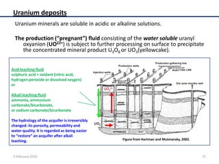 Uranium deposits
Uranium minerals are soluble in acidic or alkaline solutions.
The production (“pregnant”) fluid consisting of the water soluble uranyl
oxyanion (UO22+) is subject to further processing on surface to precipitate
the concentrated mineral product U3O8 or UO3(yellowcake).
2 February 2016 71
Acid leaching fluid
sulphuric acid + oxidant (nitric acid,
hydrogen peroxide or dissolved oxygen)
or
Alkali leaching fluid
ammonia, ammonium
carbonate/bicarbonate,
or sodium carbonate/bicarbonate
The hydrology of the acquifer is irreversibly
changed: its porosity, permeability and
water quality. It is regarded as being easier
to “restore” an acquifer after alkali
leaching. Figure from Hartman and Mutmansky, 2002.
 