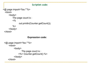 Scriptlet code:
<@ page import=“foo.*”%>
<html>
<body>
The page count is :
<%
out.println(Counter.getCount());
%>
</body>
</html>
Expression code:
<@ page import=“foo.*”%>
<html>
<body>
The page count is :
<%= Counter.getCount() %>
</body>
</html>
 