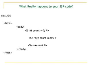 What Really happens to your JSP code?
This JSP:
<html>
<body>
<% int count = 0; %>
The Page count is now :
<%= ++count %>
</body>
</html>
 
