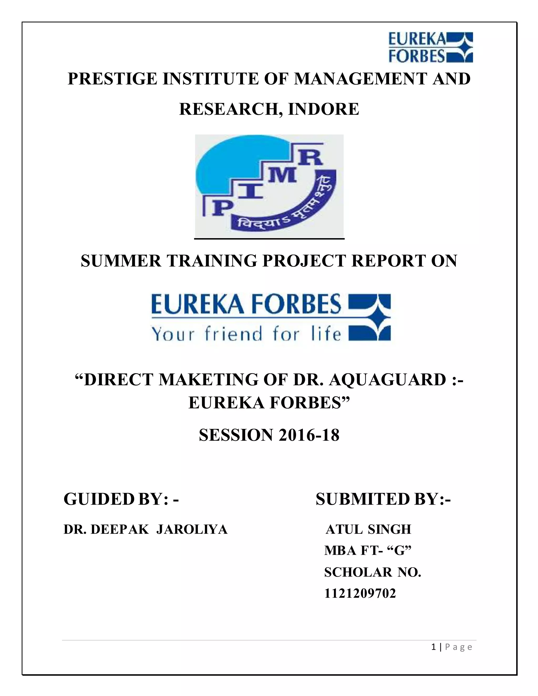 Eureka Forbes Ltd Summer Internship Report | DOCX
