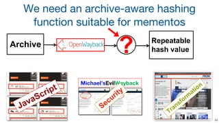 We need an archive-aware hashing
function suitable for mementos
Archive Repeatable
hash value?
JavaScript
Michael’sEvilWay...