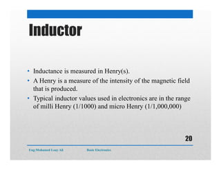 Inductor
• Inductance is measured in Henry(s).
• A Henry is a measure of the intensity of the magnetic field
that is produced.
• Typical inductor values used in electronics are in the range
of milli Henry (1/1000) and micro Henry (1/1,000,000)
Eng:Mohamed Loay Ali Basic Electronics
20
 