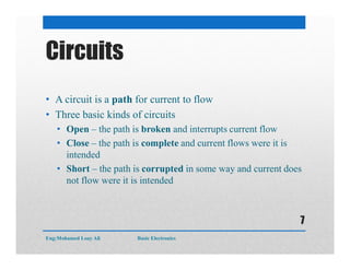 Circuits
• A circuit is a path for current to flow
• Three basic kinds of circuits
• Open – the path is broken and interrupts current flow
• Close – the path is complete and current flows were it is
intended
• Short – the path is corrupted in some way and current does
not flow were it is intended
Eng:Mohamed Loay Ali Basic Electronics
7
 