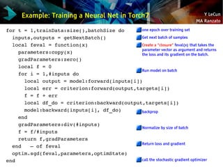 Y LeCun
MA Ranzato
Example: Training a Neural Net in Torch7
one epoch over training set
Get next batch of samples
Create a...