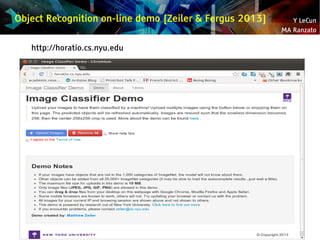 Y LeCun
MA Ranzato
Object Recognition on-line demo [Zeiler & Fergus 2013]
http://horatio.cs.nyu.edu
 