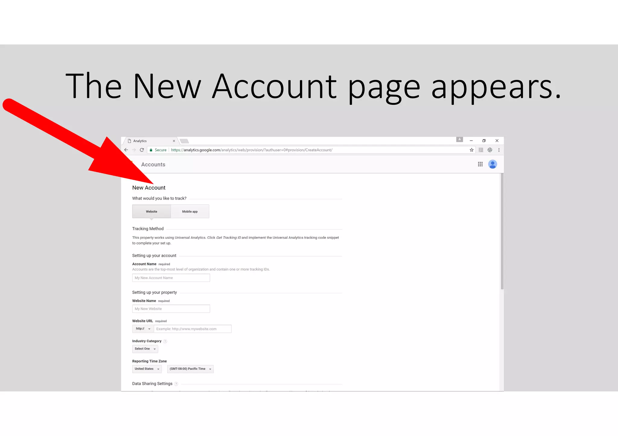 The New Account page appears.
 