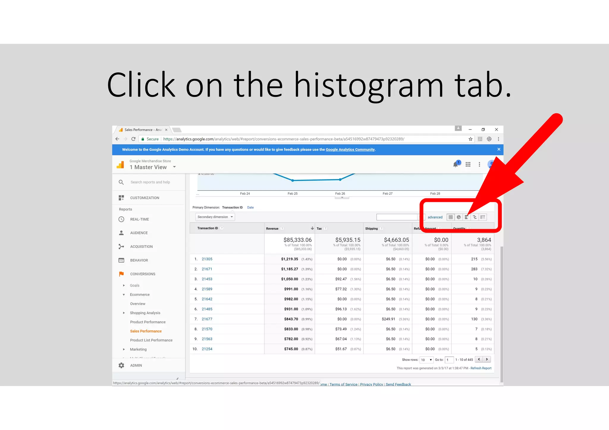 Click on the histogram tab.
 