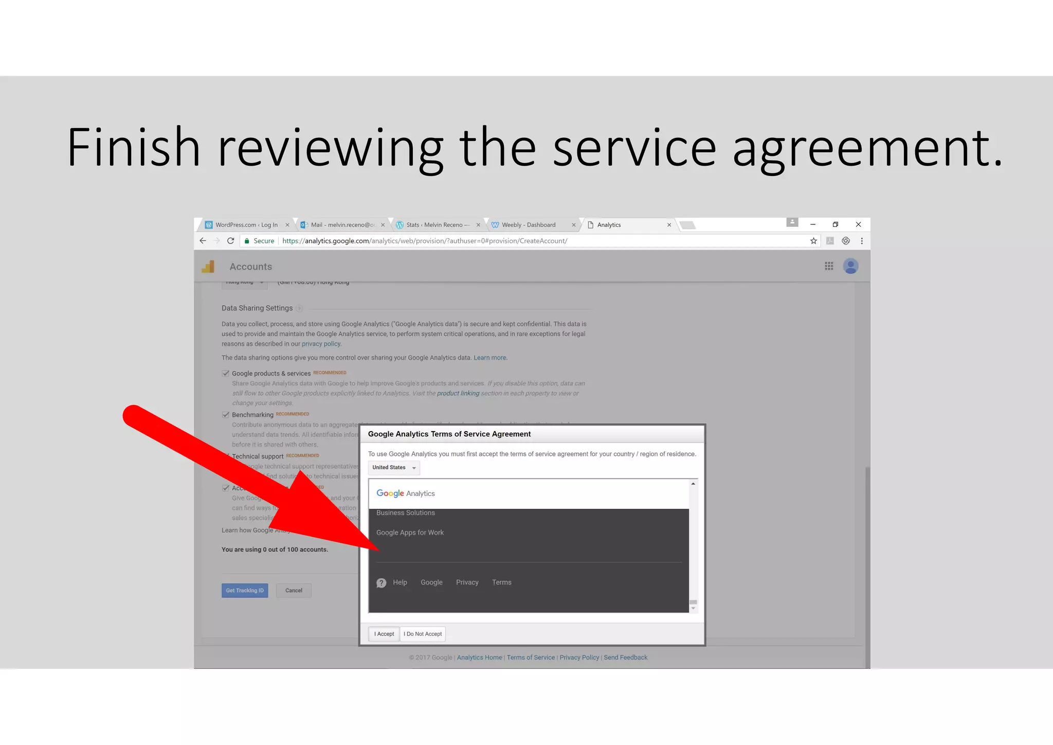 Finish reviewing the service agreement.
 