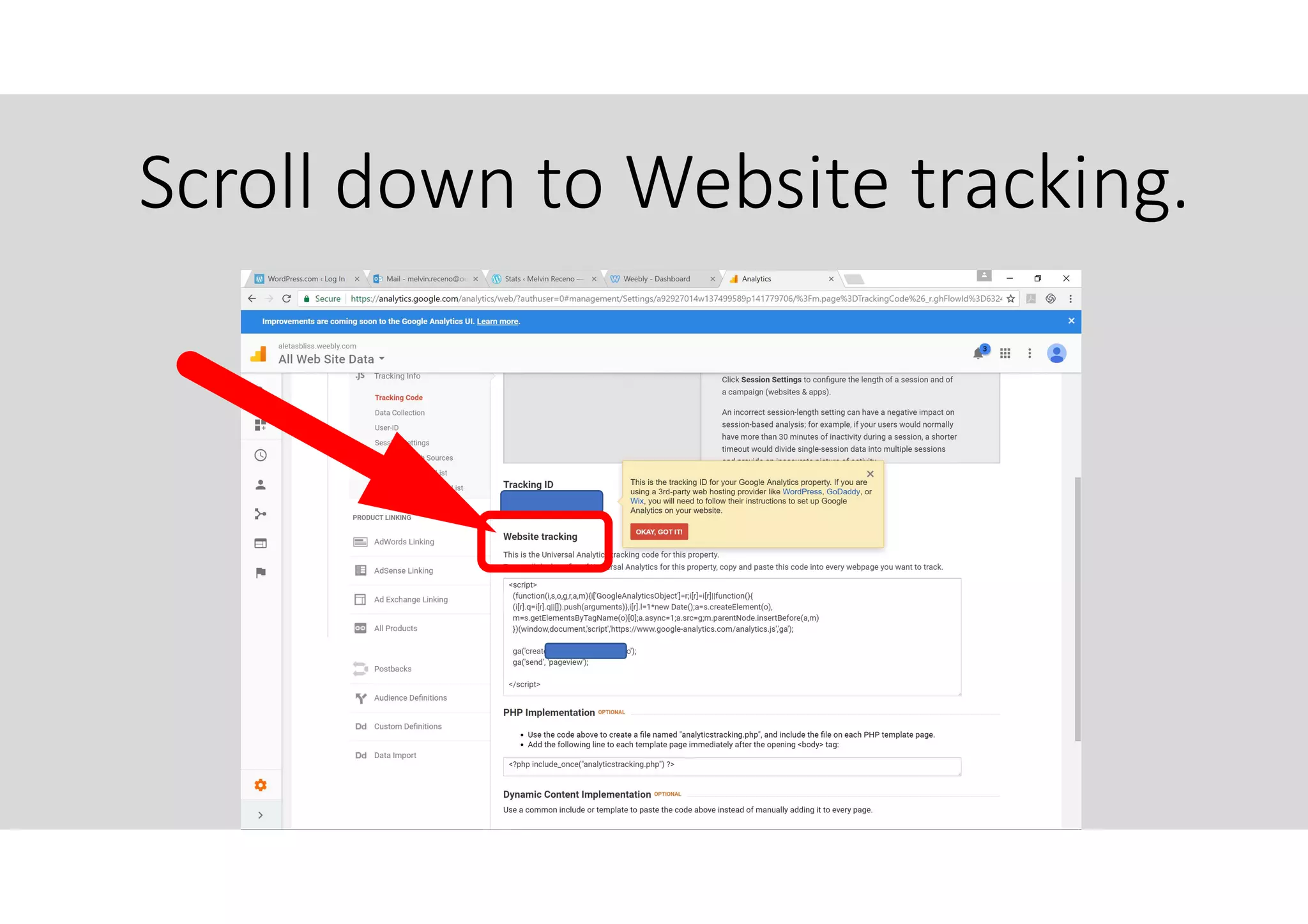Scroll down to Website tracking.
 