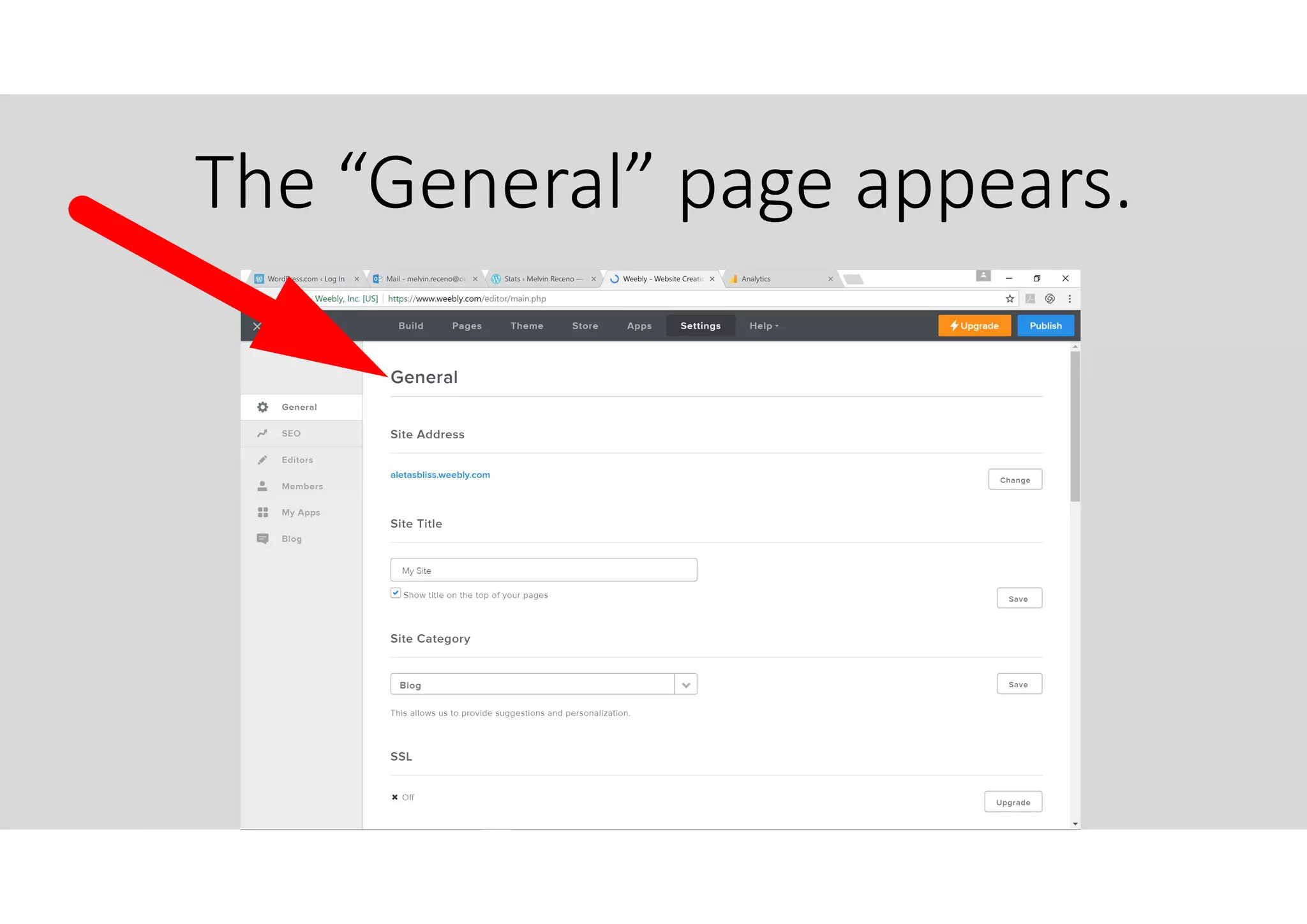 The “General” page appears.
 