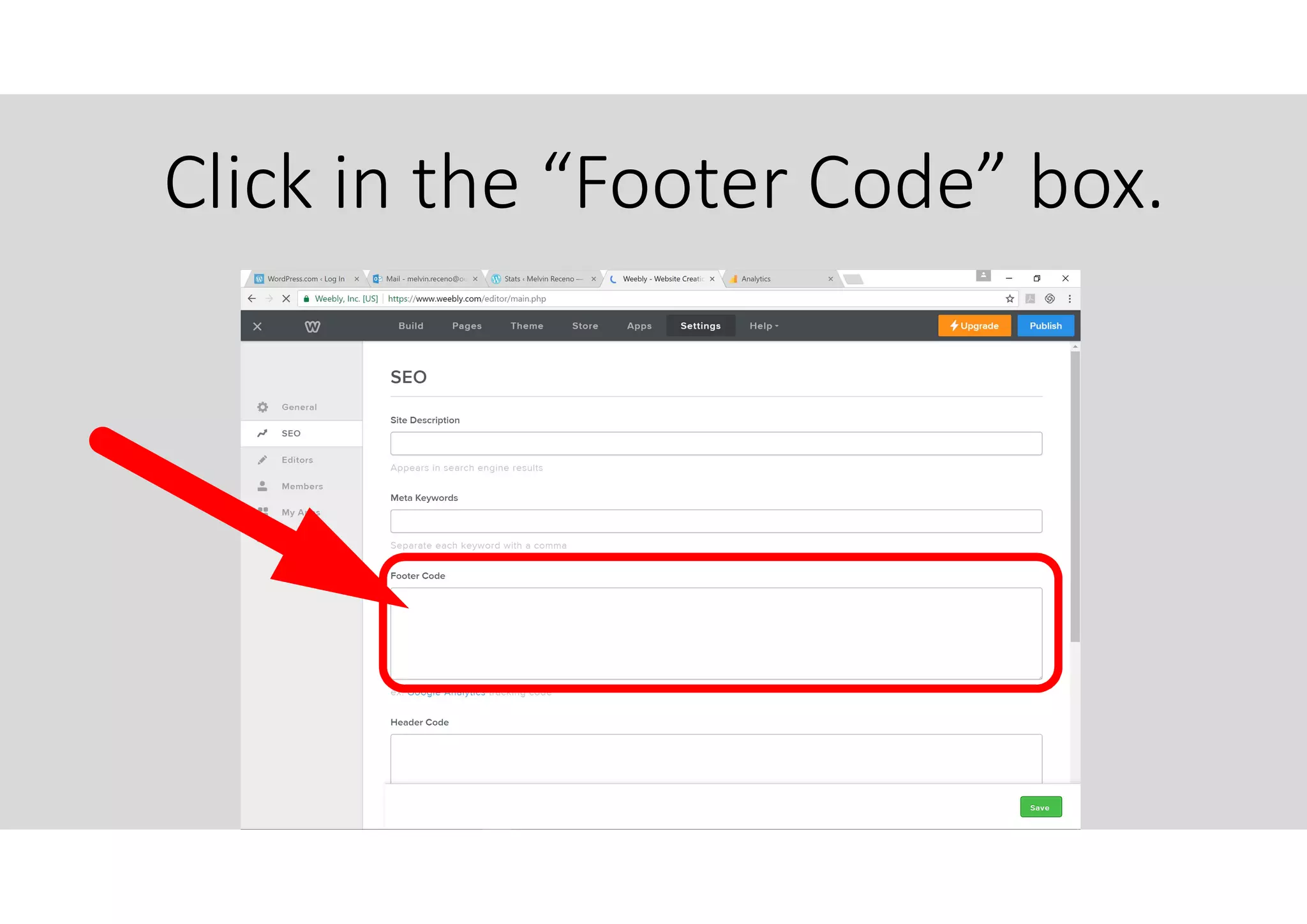 Click in the “Footer Code” box.
 