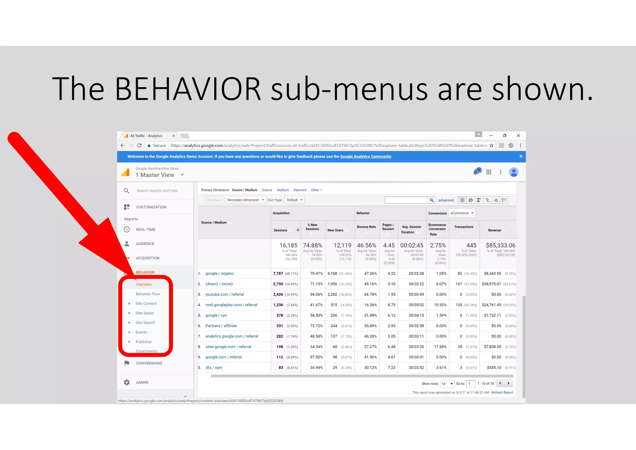 The BEHAVIOR sub-menus are shown.
 