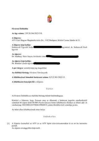 Az ATV vs Hadházy Ákos személyiségi jogi per ítélete