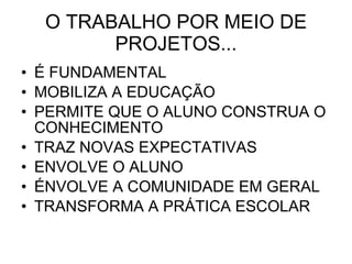 O TRABALHO POR MEIO DE PROJETOS... É FUNDAMENTAL MOBILIZA A EDUCAÇÃO PERMITE QUE O ALUNO CONSTRUA O CONHECIMENTO TRAZ NOVAS EXPECTATIVAS ENVOLVE O ALUNO ÉNVOLVE A COMUNIDADE EM GERAL TRANSFORMA A PRÁTICA ESCOLAR 