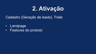 2. Ativação
Cadastro (Geração de leads), Trials
• Landpage
• Features do produto
 