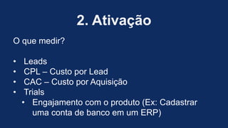 2. Ativação
O que medir?
• Leads
• CPL – Custo por Lead
• CAC – Custo por Aquisição
• Trials
• Engajamento com o produto (Ex: Cadastrar
uma conta de banco em um ERP)
 