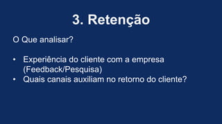3. Retenção
O Que analisar?
• Experiência do cliente com a empresa
(Feedback/Pesquisa)
• Quais canais auxiliam no retorno do cliente?
 