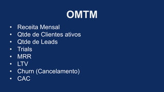 OMTM
• Receita Mensal
• Qtde de Clientes ativos
• Qtde de Leads
• Trials
• MRR
• LTV
• Churn (Cancelamento)
• CAC
 