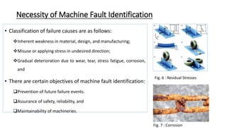 Necessity of Machine Fault Identification
• Classification of failure causes are as follows:
Inherent weakness in material, design, and manufacturing;
Misuse or applying stress in undesired direction;
Gradual deterioration due to wear, tear, stress fatigue, corrosion,
and
• There are certain objectives of machine fault identification:
Prevention of future failure events.
Assurance of safety, reliability, and
Maintainability of machineries.
Fig. 6 : Residual Stresses
Fig. 7 : Corrosion
 