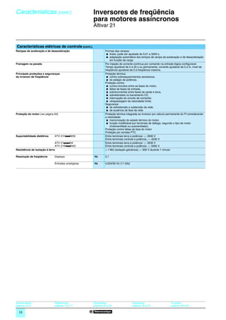 Características (cont.)                             Inversores de freqüência
                                                    para motores assíncronos                                                                     0




                                                    Altivar 21


Características elétricas de controle (cont.)
Rampas de aceleração e de desaceleração                      Formas das rampas:
                                                              b linear, pode ser ajustada de 0,01 a 3200 s,
                                                              b adaptação automática dos tempos de rampa de aceleração e de desaceleração
                                                                 em função da carga
Frenagem na parada                                           Por injeção de corrente contínua por comando na entrada lógica configurável.
                                                             Tempo ajustável de 0 a 20 s ou permanente, corrente ajustável de 0 a In, nível de
                                                             freqüência ajustável de 0 à freqüência máxima.
Principais proteções e seguranças                            Proteção térmica:
do inversor de freqüência                                     b contra sobreaquecimentos excessivos,
                                                              b do estágio de potência.
                                                             Proteção contra:
                                                              b curtos-circuitos entre as fases do motor,
                                                              b faltas de fases da entrada,
                                                              b sobrecorrentes entre fases de saída e terra,
                                                              b sobretensões no barramento CC,
                                                              b interrupção do circuito de comando,
                                                              b ultrapassagem da velocidade limite.
                                                             Segurança:
                                                              b de sobretensão e subtensão da rede,
                                                              b de ausência de fase da rede
Proteção do motor (ver página 63)                            Proteção térmica integrada ao inversor por cálculo permanente do I2t considerando
                                                             a velocidade:
                                                              b memorização do estado térmico do motor,
                                                              b função modiﬁcável por terminais de diálogo, segundo o tipo de motor
                                                                 (motoventilado ou autoventilado).
                                                             Proteção contra faltas de fase do motor
                                                             Proteção por sondas PTC
Suportabilidade dielétrica    ATV 21HpppM3X                  Entre terminais terra e potência: c 2830 V
                                                             Entre terminais controle e potência: c 4230 V
                               ATV 21ppppN4                  Entre terminais terra e potência: c 3535 V
                               ATV 21WpppN4C                 Entre terminais controle e potência: c 5092 V
Resistência de isolação à terra                              > 1 MΩ (isolação galvânica) c 500 V durante 1 minuto

Resolução de freqüência       Displays              Hz       0,1

                              Entradas analógicas   Hz       0,024/50 Hz (11 bits)




Apresentação :                Referências :         Dimensões:                       Esquemas:                     Funções:
páginas 4 e 5                 páginas 16 e 17       páginas 28 a 29                  páginas 30 a 33               páginas 48 a 67

  10
 