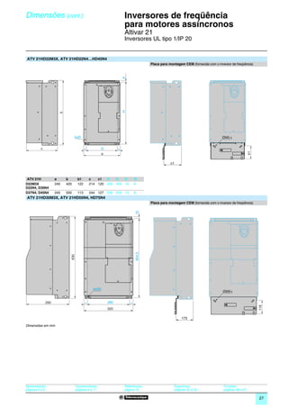 Dimensões (cont.)                                             0
                                                                  Inversores de freqüência
                                                                  para motores assíncronos                                                                  0




                                                                  Altivar 21
                                                                  Inversores UL tipo 1/IP 20


ATV 21HD22M3X, ATV 21HD22N4…HD45N4
                                                                                  Placa para montagem CEM (fornecida com o inversor de freqüência)




                                                                  K
                                                                  H
                     b




                               4xØ                                                                                            ØM5


         c                              =           G         =




                                                                                                                                                 b1
                                                    a

                                                                                              c1



 ATV 21H           a     b        b1        c   c1  G   H   K             Ø
D22M3X             240   420      122       214 120 206 403 10            6
D22N4, D30N4
D37N4, D45N4       240   550      113       244 127 206 529 10            6
ATV 21HD30M3X, ATV 21HD55N4, HD75N4
                                                                                  Placa para montagem CEM (fornecida com o inversor de freqüência)
                                                                          10
                                                                          604,5
                           630




                                             4xØ9
                                                                                                                               ØM8


             290                        =               280           =
                                                                                                                                                      118




                                                        320

                                                                                                       173

Dimensões em mm




Apresentação:                    Características:                 Referências:                     Esquemas:                   Funções:
páginas 4 e 5                    páginas 6 a 11                   página 16                        páginas 30 a 33             páginas 48 a 67

                                                                                                                                                      27
 