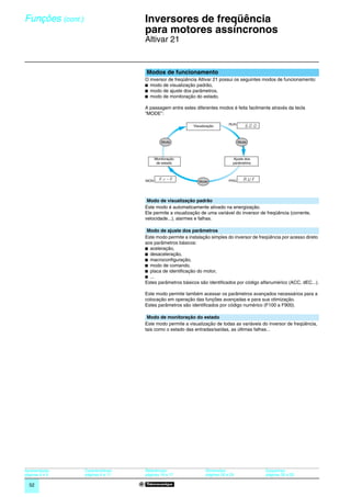 Funções (cont.)                      0
                                         Inversores de freqüência
                                         para motores assíncronos                                                            0




                                         Altivar 21


                                         Modos de funcionamento
                                         O inversor de freqüência Altivar 21 possui os seguintes modos de funcionamento:
                                         b modo de visualização padrão,
                                         b modo de ajuste dos parâmetros,
                                         b modo de monitoração do estado.

                                         A passagem entre estes diferentes modos é feita facilmente através da tecla
                                         “MODE”:

                                                                Visualização       RUN




                                                  Mode                                   Mode



                                               Monitoração                           Ajuste dos
                                                de estado                            parâmetros




                                         MON                       Mode            PRG




                                          Modo de visualização padrão
                                         Este modo é automaticamente ativado na energização.
                                         Ele permite a visualização de uma variável do inversor de freqüência (corrente,
                                         velocidade...), alarmes e falhas.

                                          Modo de ajuste dos parâmetros
                                         Este modo permite a instalação simples do inversor de freqüência por acesso direto
                                         aos parâmetros básicos:
                                         b aceleração,
                                         b desaceleração,
                                         b macroconﬁguração,
                                         b modo de comando,
                                         b placa de identiﬁcação do motor,
                                         b ...
                                         Estes parâmetros básicos são identificados por código alfanumérico (ACC, dEC...).

                                         Este modo permite também acessar os parâmetros avançados necessários para a
                                         colocação em operação das funções avançadas e para sua otimização.
                                         Estes parâmetros são identificados por código numérico (F100 a F900).

                                          Modo de monitoração do estado
                                         Este modo permite a visualização de todas as variáveis do inversor de freqüência,
                                         tais como o estado das entradas/saídas, as últimas falhas...




Apresentação:     Características:       Referências:                  Dimensões:                 Esquemas:
páginas 4 e 5     páginas 6 a 11         páginas 16 e 17               páginas 28 a 29            páginas 30 a 33

  52
 