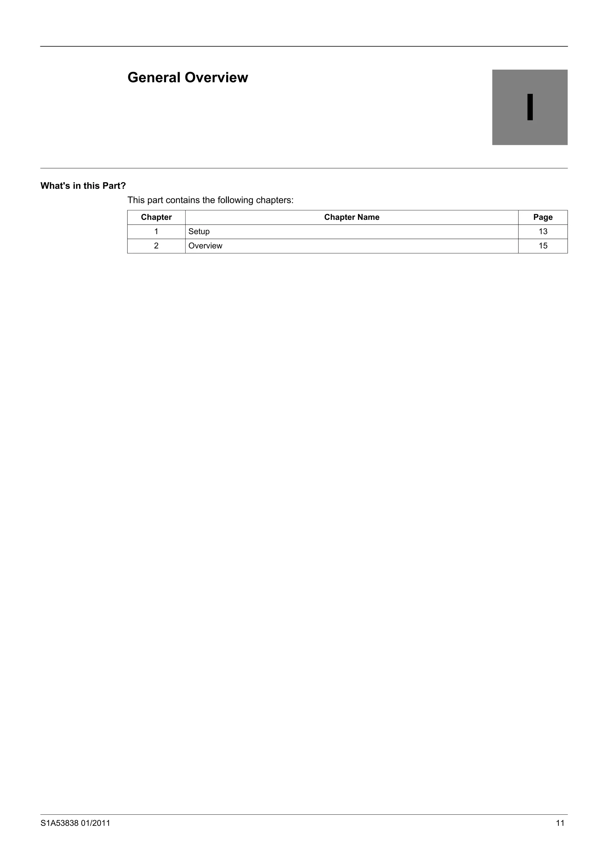 S1A53838 01/2011 11
I
General Overview
What's in this Part?
This part contains the following chapters:
Chapter Chapter Name Page
1 Setup 13
2 Overview 15
 