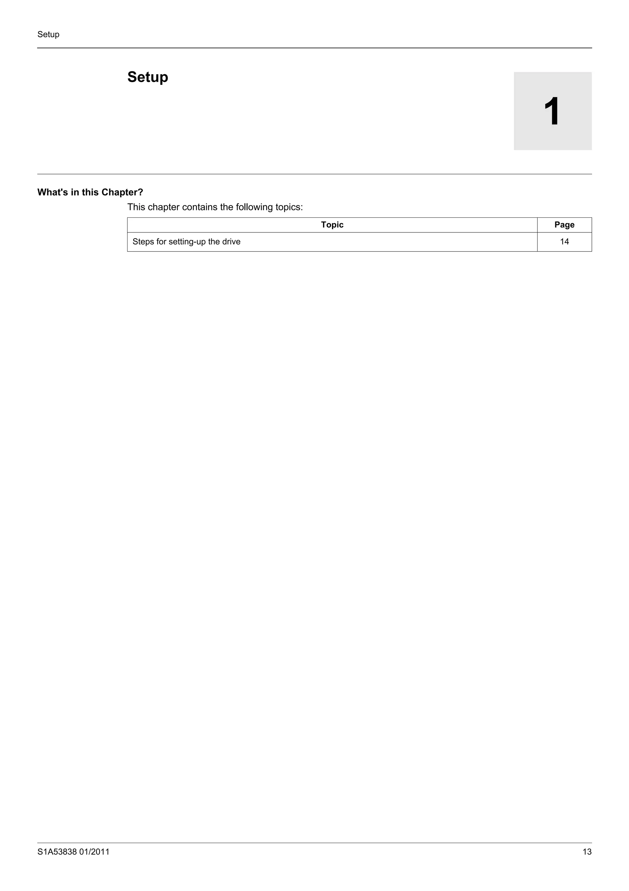 S1A53838 01/2011 13
Setup
1
Setup
What's in this Chapter?
This chapter contains the following topics:
Topic Page
Steps for setting-up the drive 14
 
