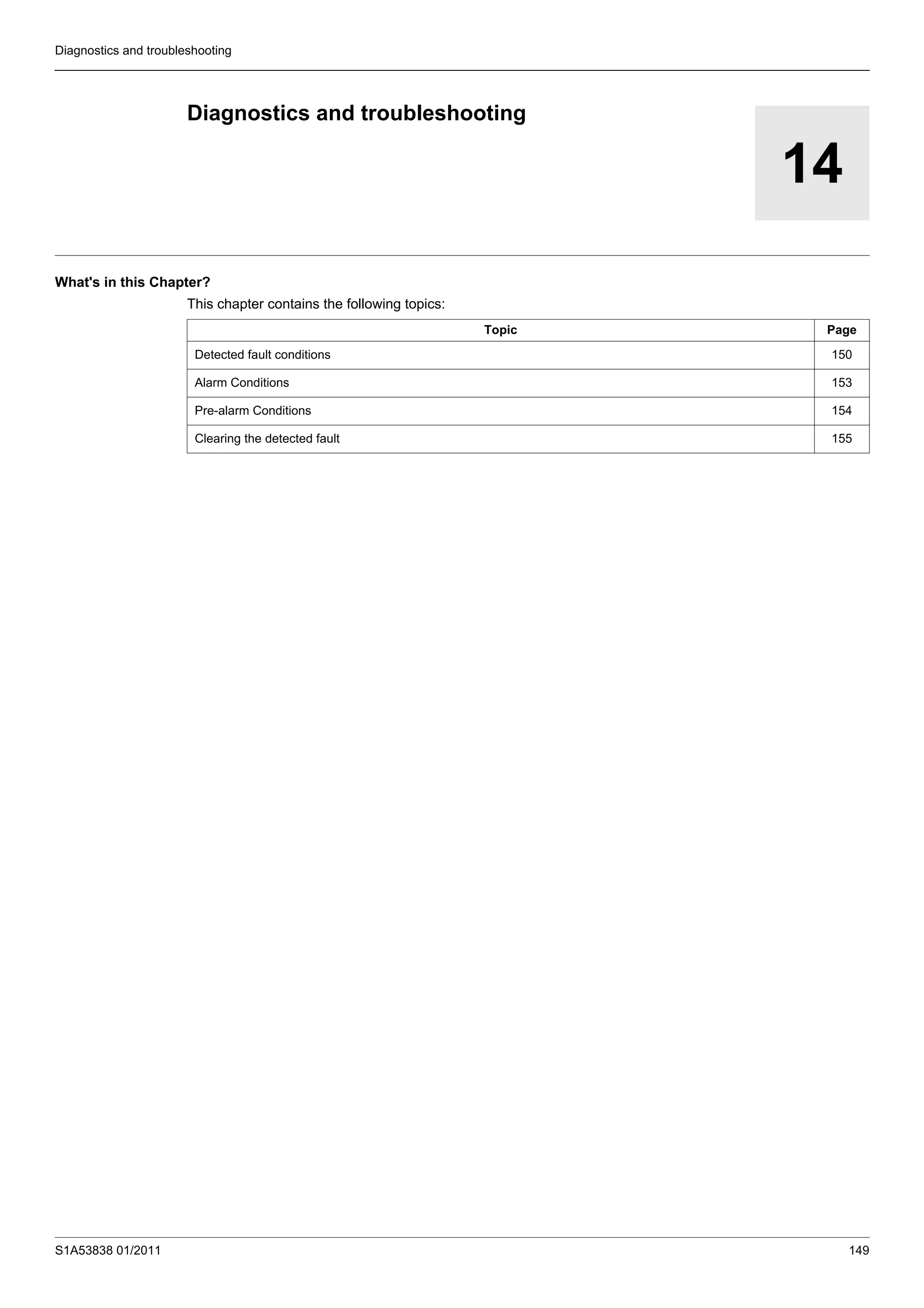S1A53838 01/2011 149
Diagnostics and troubleshooting
14
Diagnostics and troubleshooting
What's in this Chapter?
This chapter contains the following topics:
Topic Page
Detected fault conditions 150
Alarm Conditions 153
Pre-alarm Conditions 154
Clearing the detected fault 155
 