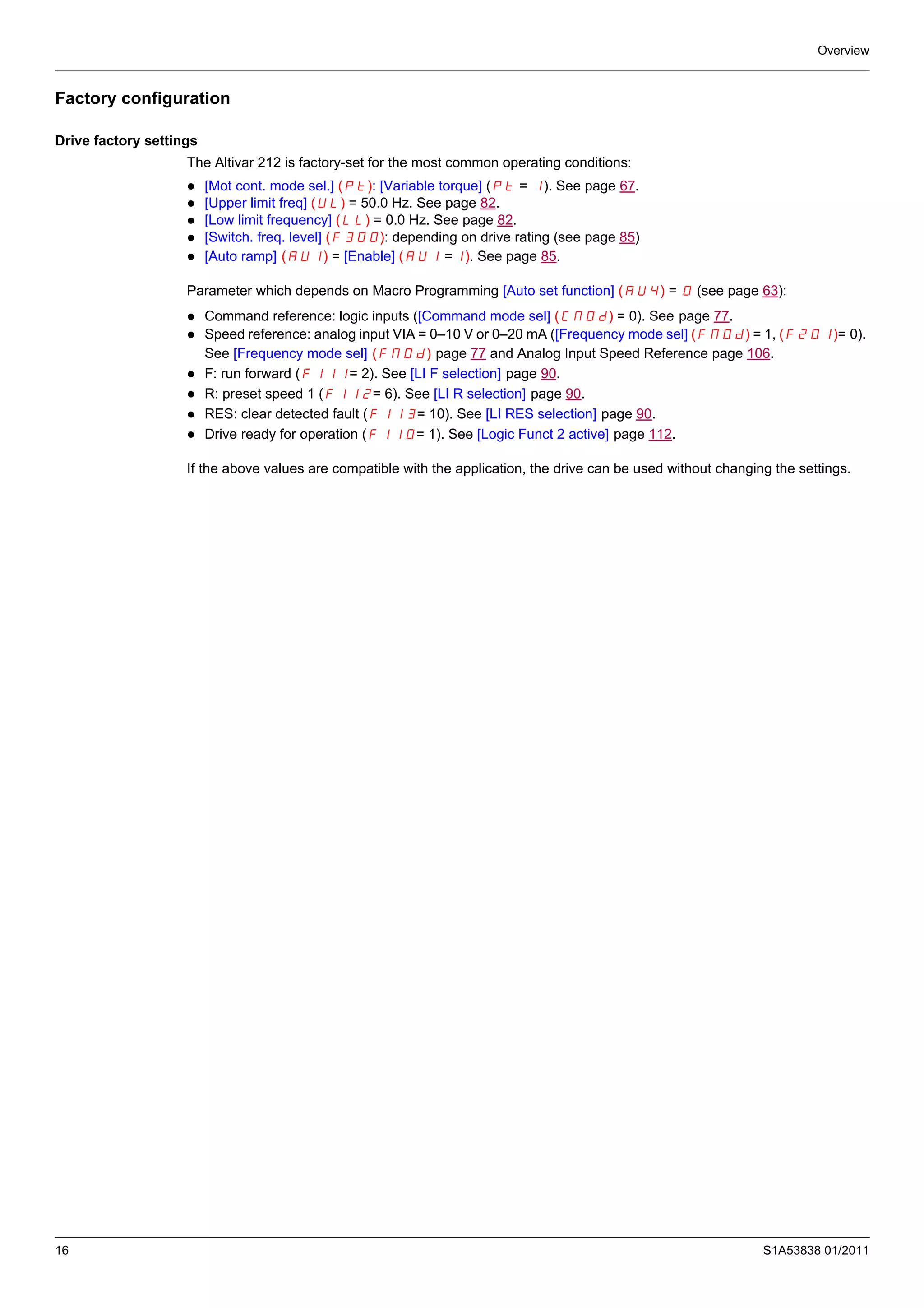 Overview
16 S1A53838 01/2011
Factory configuration
Drive factory settings
The Altivar 212 is factory-set for the most common operating conditions:
[Mot cont. mode sel.] (Pt): [Variable torque] (Pt = 1). See page 67.
[Upper limit freq] (UL) = 50.0 Hz. See page 82.
[Low limit frequency] (LL) = 0.0 Hz. See page 82.
[Switch. freq. level] (F300): depending on drive rating (see page 85)
[Auto ramp] (AU1) = [Enable] (AU1 =1). See page 85.
Parameter which depends on Macro Programming [Auto set function] (AU4) = 0 (see page 63):
Command reference: logic inputs ([Command mode sel] (CMOd) = 0). See page 77.
Speed reference: analog input VIA = 0–10 V or 0–20 mA ([Frequency mode sel] (FMOd) = 1, (F201)= 0).
See [Frequency mode sel] (FMOd) page 77 and Analog Input Speed Reference page 106.
F: run forward (F111= 2). See [LI F selection] page 90.
R: preset speed 1 (F112= 6). See [LI R selection] page 90.
RES: clear detected fault (F113= 10). See [LI RES selection] page 90.
Drive ready for operation (F110= 1). See [Logic Funct 2 active] page 112.
If the above values are compatible with the application, the drive can be used without changing the settings.
 