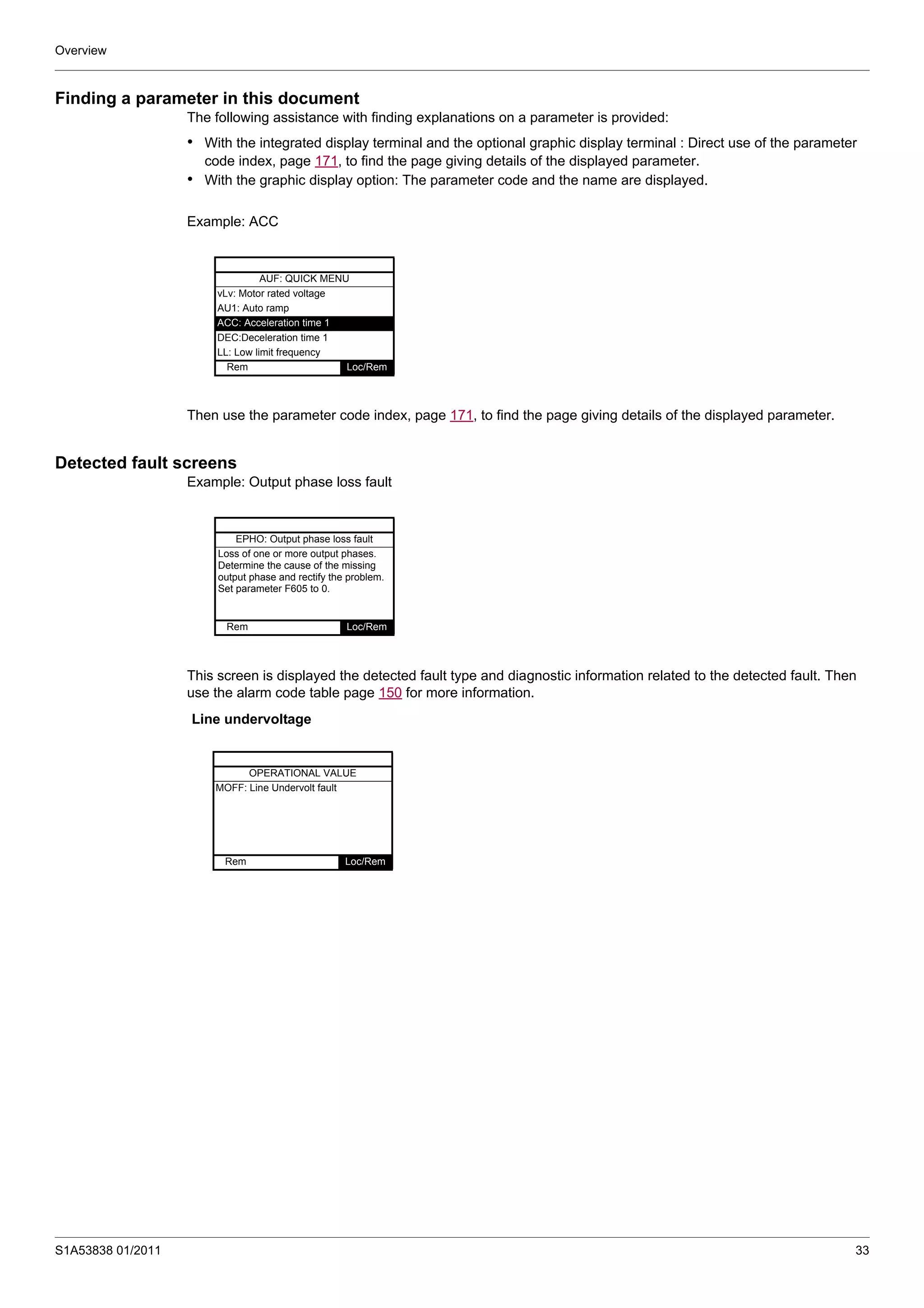 Overview
S1A53838 01/2011 33
Finding a parameter in this document
The following assistance with finding explanations on a parameter is provided:
• With the integrated display terminal and the optional graphic display terminal : Direct use of the parameter
code index, page 171, to find the page giving details of the displayed parameter.
• With the graphic display option: The parameter code and the name are displayed.
Example: ACC
Then use the parameter code index, page 171, to find the page giving details of the displayed parameter.
Detected fault screens
Example: Output phase loss fault
This screen is displayed the detected fault type and diagnostic information related to the detected fault. Then
use the alarm code table page 150 for more information.
AUF: QUICK MENU
vLv: Motor rated voltage
AU1: Auto ramp
ACC: Acceleration time 1
DEC:Deceleration time 1
LL: Low limit frequency
Rem Loc/Rem
Line undervoltage
EPHO: Output phase loss fault
Loss of one or more output phases.
Determine the cause of the missing
output phase and rectify the problem.
Set parameter F605 to 0.
Rem Loc/Rem
OPERATIONAL VALUE
MOFF: Line Undervolt fault
Rem Loc/Rem
 