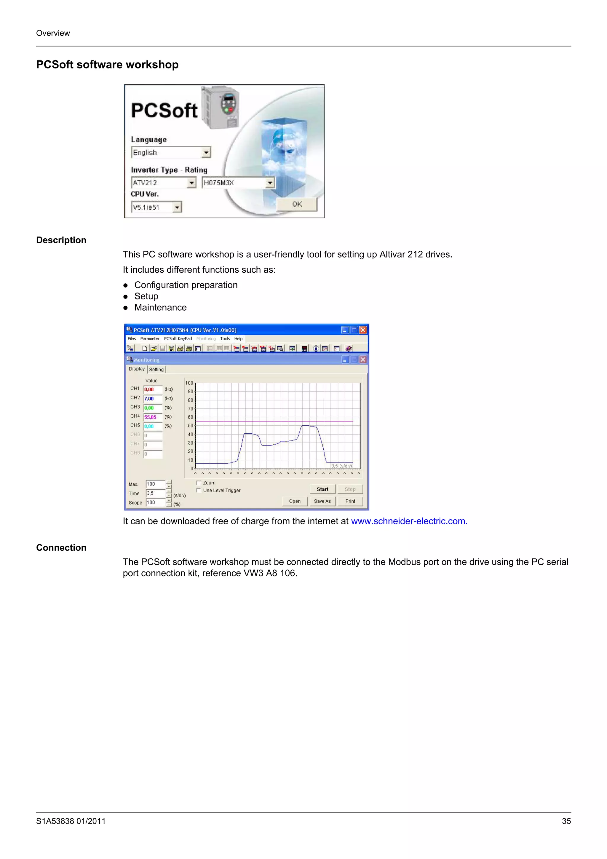 Overview
S1A53838 01/2011 35
PCSoft software workshop
Description
This PC software workshop is a user-friendly tool for setting up Altivar 212 drives.
It includes different functions such as:
Configuration preparation
Setup
Maintenance
It can be downloaded free of charge from the internet at www.schneider-electric.com.
Connection
The PCSoft software workshop must be connected directly to the Modbus port on the drive using the PC serial
port connection kit, reference VW3 A8 106.
 