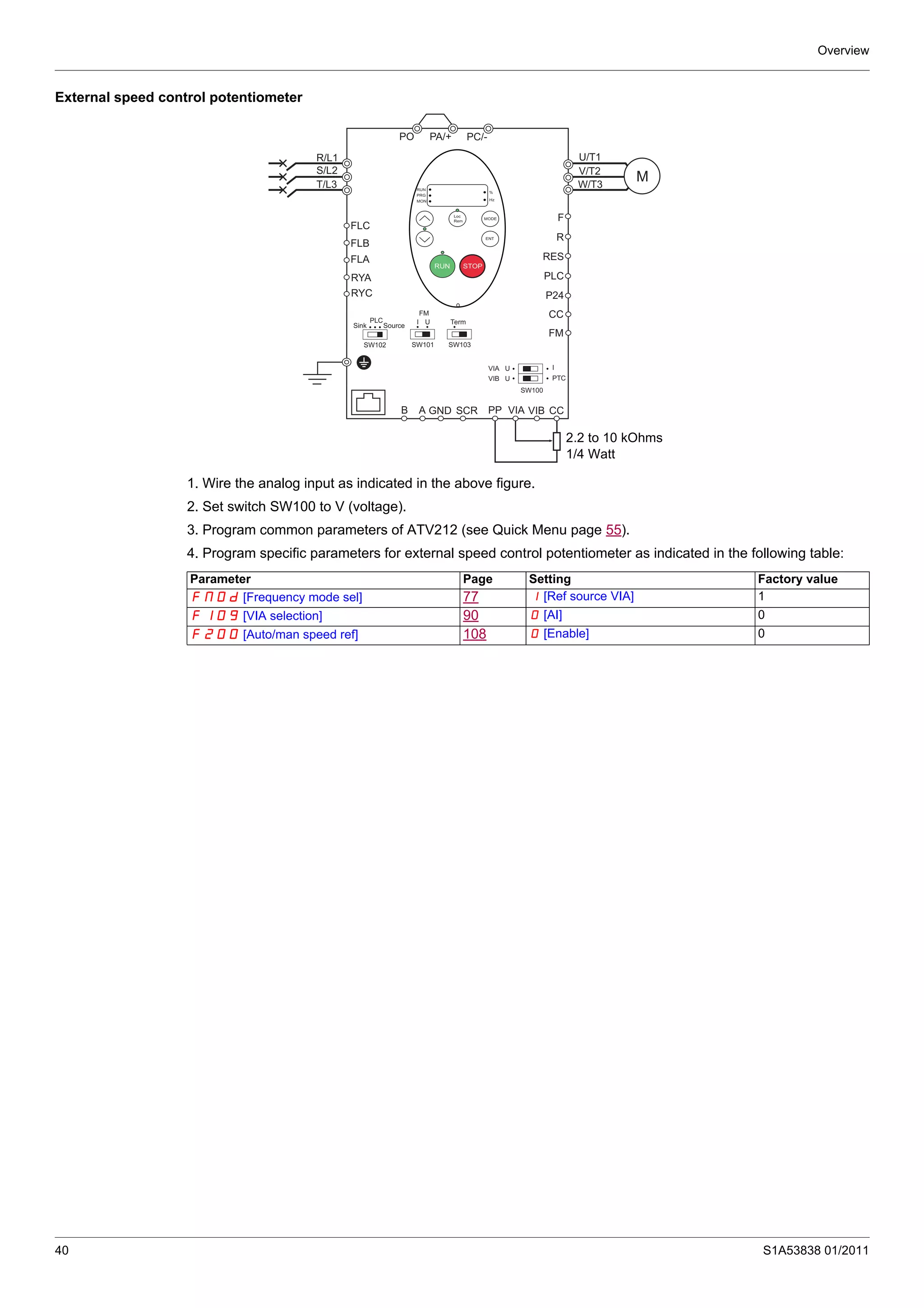 Overview
40 S1A53838 01/2011
External speed control potentiometer
1. Wire the analog input as indicated in the above figure.
2. Set switch SW100 to V (voltage).
3. Program common parameters of ATV212 (see Quick Menu page 55).
4. Program specific parameters for external speed control potentiometer as indicated in the following table:
R/L1
S/L2
T/L3
U/T1
V/T2
W/T3
FLC
FLB
FLA
PP
PA/+PO PC/-
SCRA GNDB
RUN
PRG
MON
%
Hz
MODE
Loc
Rem
ENT
RUN STOP
M
RYA
RYC
FM
F
R
RES
PLC
P24
CC
Sink
PLC
FM
Source
SW102
I U
SW101
Term
SW103
VIA U
VIB U
I
PTC
SW100
CCVIA VIB
2.2 to 10 kOhms
1/4 Watt
Parameter Page Setting Factory value
FMOd [Frequency mode sel] 77 1 [Ref source VIA] 1
F109 [VIA selection] 90 0 [AI] 0
F200 [Auto/man speed ref] 108 0 [Enable] 0
 