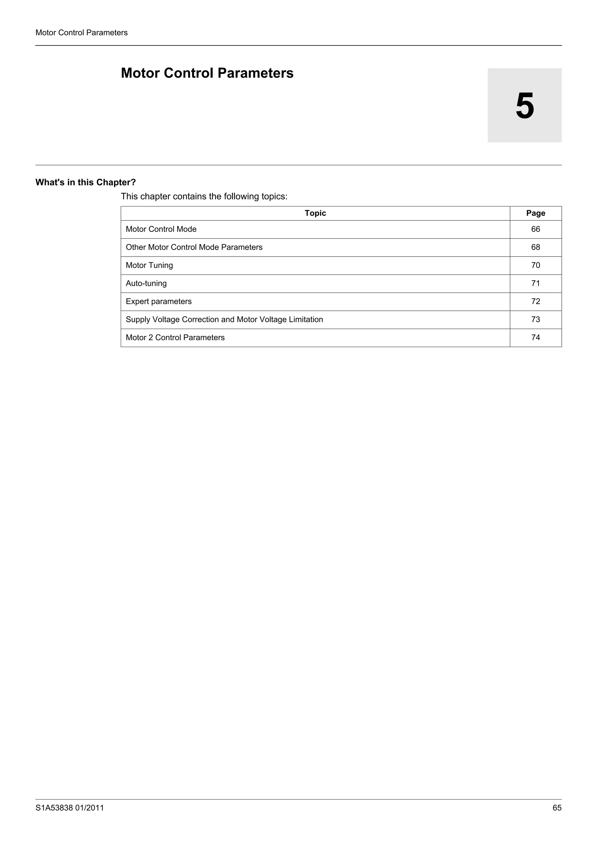S1A53838 01/2011 65
Motor Control Parameters
5
Motor Control Parameters
What's in this Chapter?
This chapter contains the following topics:
Topic Page
Motor Control Mode 66
Other Motor Control Mode Parameters 68
Motor Tuning 70
Auto-tuning 71
Expert parameters 72
Supply Voltage Correction and Motor Voltage Limitation 73
Motor 2 Control Parameters 74
 