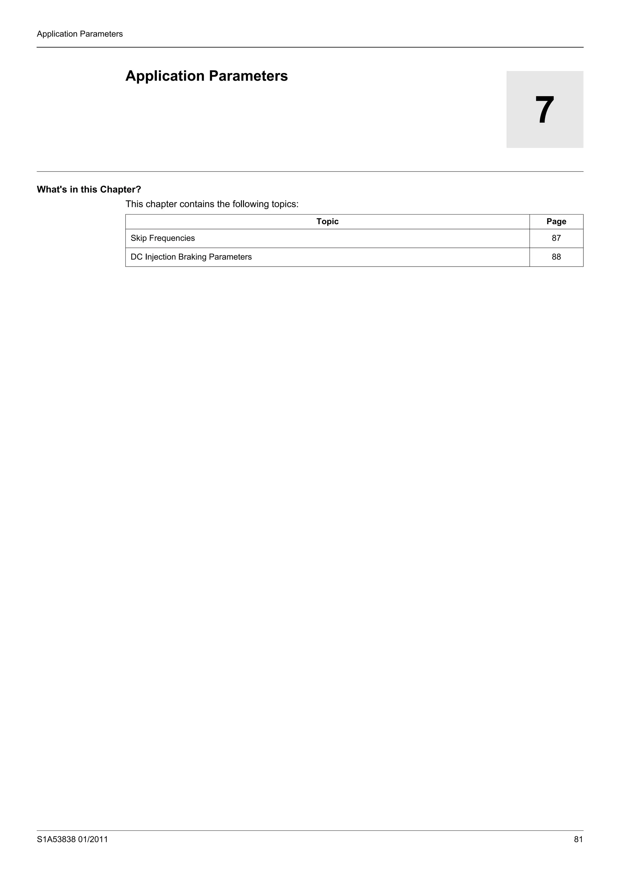 S1A53838 01/2011 81
Application Parameters
7
Application Parameters
What's in this Chapter?
This chapter contains the following topics:
Topic Page
Skip Frequencies 87
DC Injection Braking Parameters 88
 