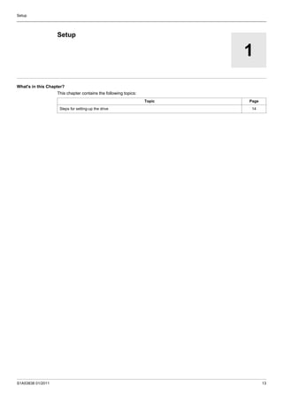 S1A53838 01/2011 13
Setup
1
Setup
What's in this Chapter?
This chapter contains the following topics:
Topic Page
Steps for...