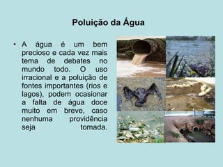 Poluição da Água    A água é um bem precioso e cada vez mais tema de debates no mundo todo. O uso irracional e a poluição de fontes importantes (rios e lagos), podem ocasionar a falta de água doce muito em breve, caso nenhuma providência seja tomada. 