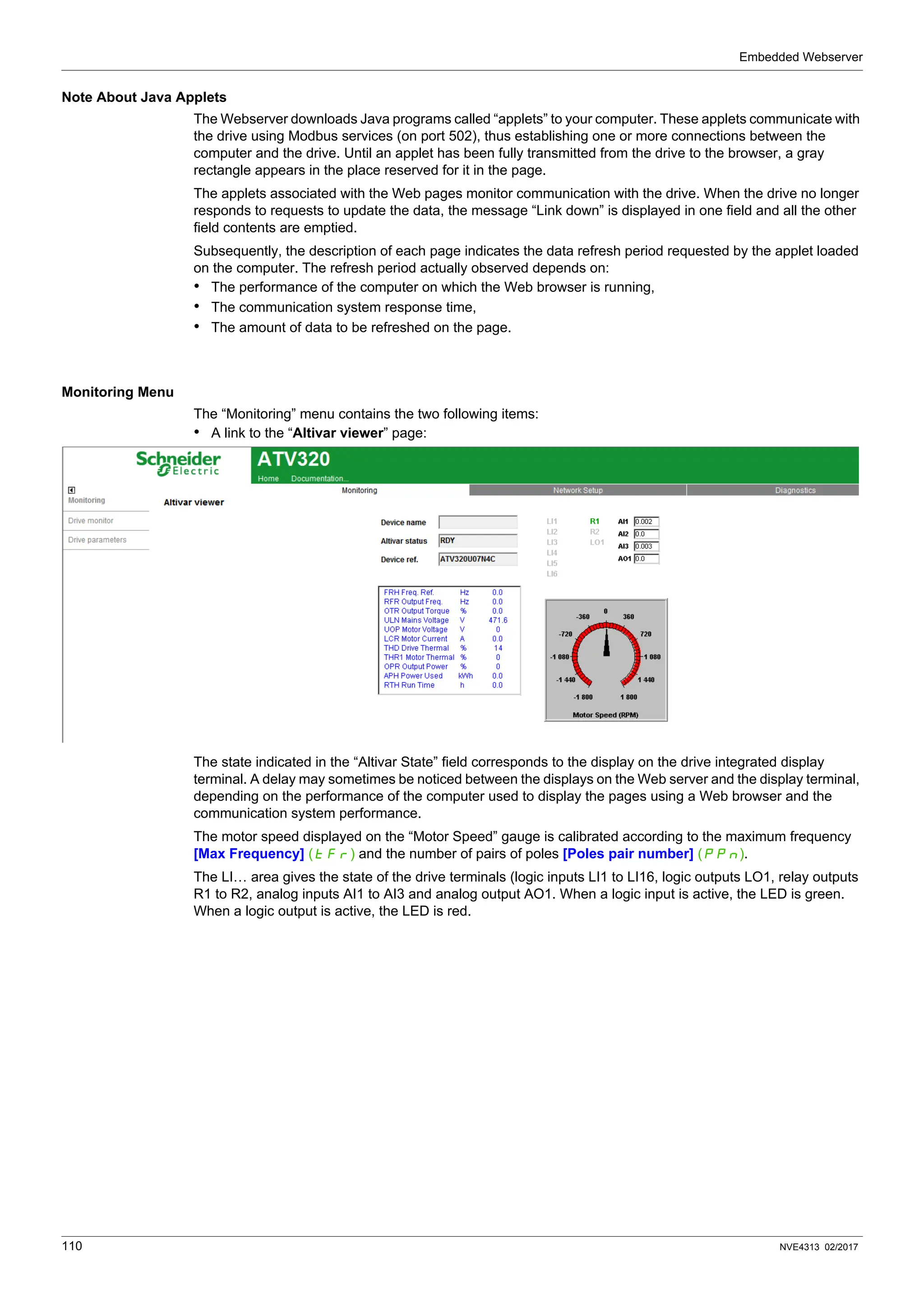 Embedded Webserver
110 NVE4313 02/2017
Note About Java Applets
The Webserver downloads Java programs called “applets” to your computer. These applets communicate with
the drive using Modbus services (on port 502), thus establishing one or more connections between the
computer and the drive. Until an applet has been fully transmitted from the drive to the browser, a gray
rectangle appears in the place reserved for it in the page.
The applets associated with the Web pages monitor communication with the drive. When the drive no longer
responds to requests to update the data, the message “Link down” is displayed in one field and all the other
field contents are emptied.
Subsequently, the description of each page indicates the data refresh period requested by the applet loaded
on the computer. The refresh period actually observed depends on:
• The performance of the computer on which the Web browser is running,
• The communication system response time,
• The amount of data to be refreshed on the page.
Monitoring Menu
The “Monitoring” menu contains the two following items:
• A link to the “Altivar viewer” page:
The state indicated in the “Altivar State” field corresponds to the display on the drive integrated display
terminal. A delay may sometimes be noticed between the displays on the Web server and the display terminal,
depending on the performance of the computer used to display the pages using a Web browser and the
communication system performance.
The motor speed displayed on the “Motor Speed” gauge is calibrated according to the maximum frequency
[Max Frequency] (tFr) and the number of pairs of poles [Poles pair number] (PPn).
The LI… area gives the state of the drive terminals (logic inputs LI1 to LI16, logic outputs LO1, relay outputs
R1 to R2, analog inputs AI1 to AI3 and analog output AO1. When a logic input is active, the LED is green.
When a logic output is active, the LED is red.
 